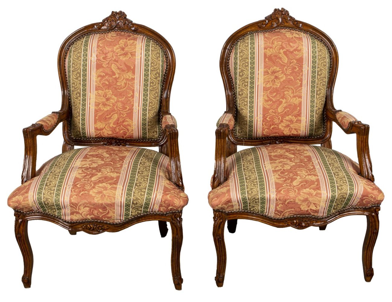 Appraisal: LOUIS XV STYLE CARVED UPHOLSTERED ARMCHAIRS PR A pair of