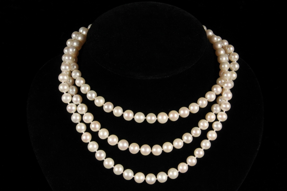 Appraisal: NECKLACE - Triple Strand Pearl Necklace with Square K White