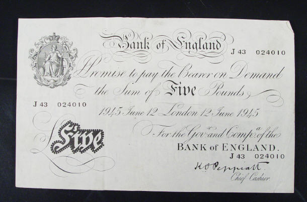 Appraisal: White Bank of England note Peppiatt No J