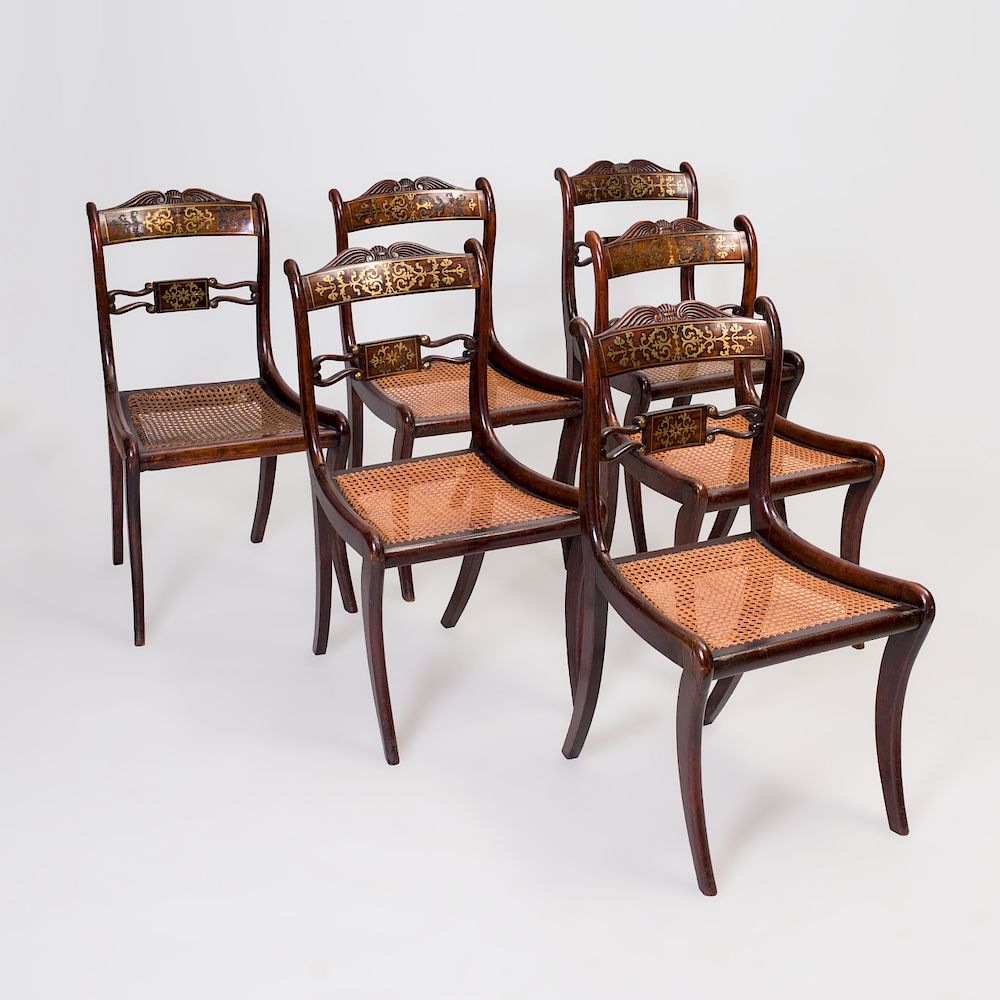 Appraisal: Set of Six Regency Style Brass Inlaid Mahogany Caned Dining