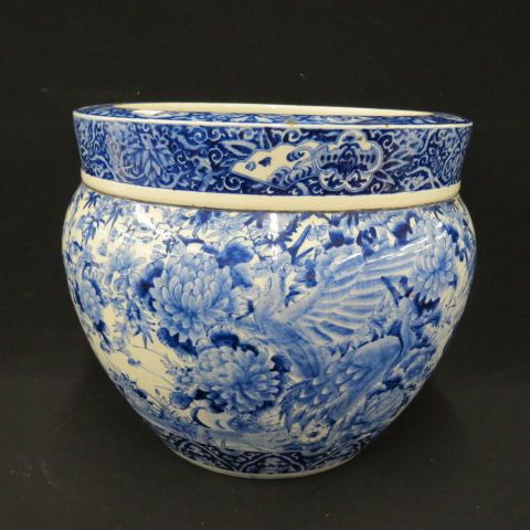 Appraisal: Early Oriental Blue White PorcelainFish Bowl or Jardiniere elaborate bird