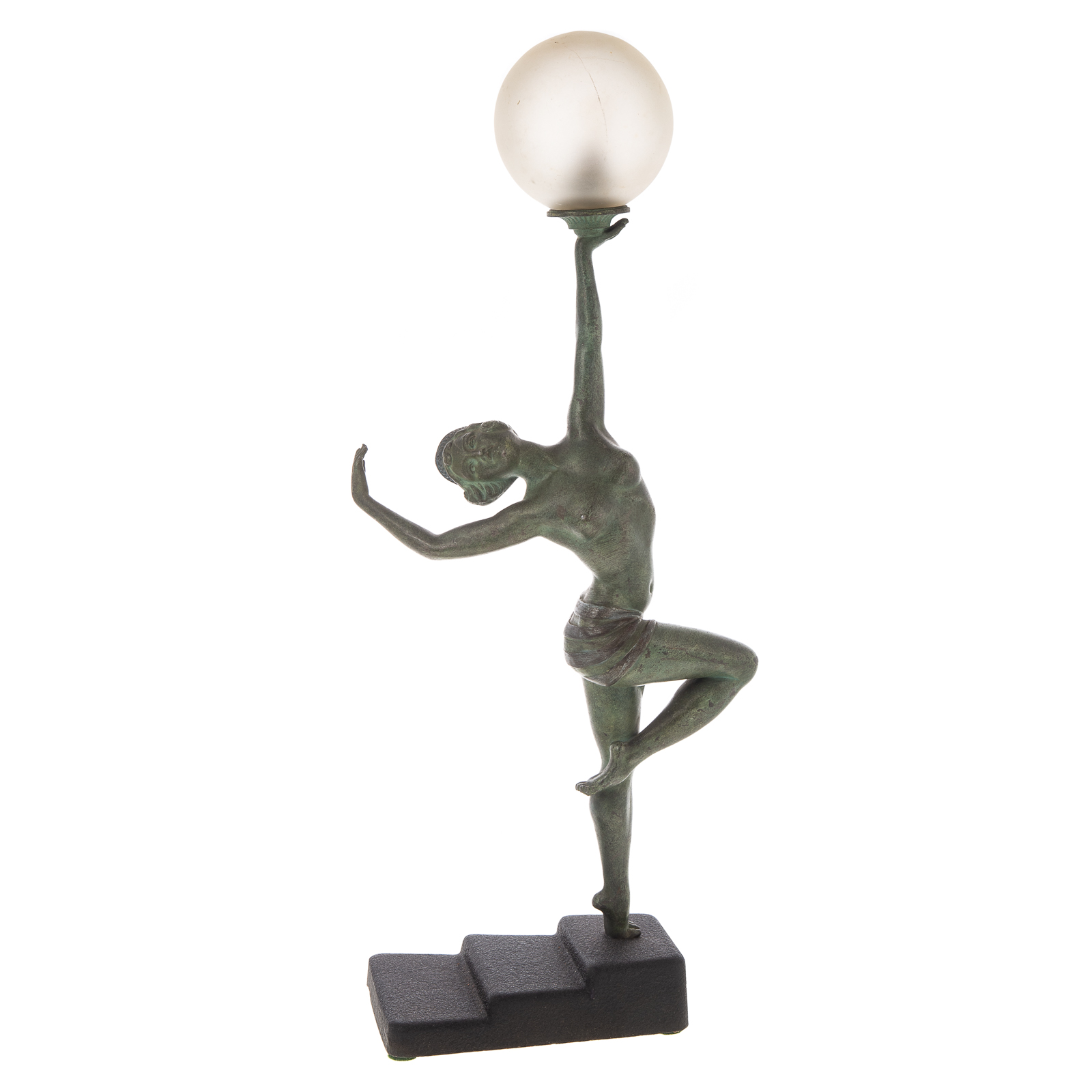 Appraisal: FRENCH ART DECO SPELTER FIGURAL LAMP Circa s verdigris patinated