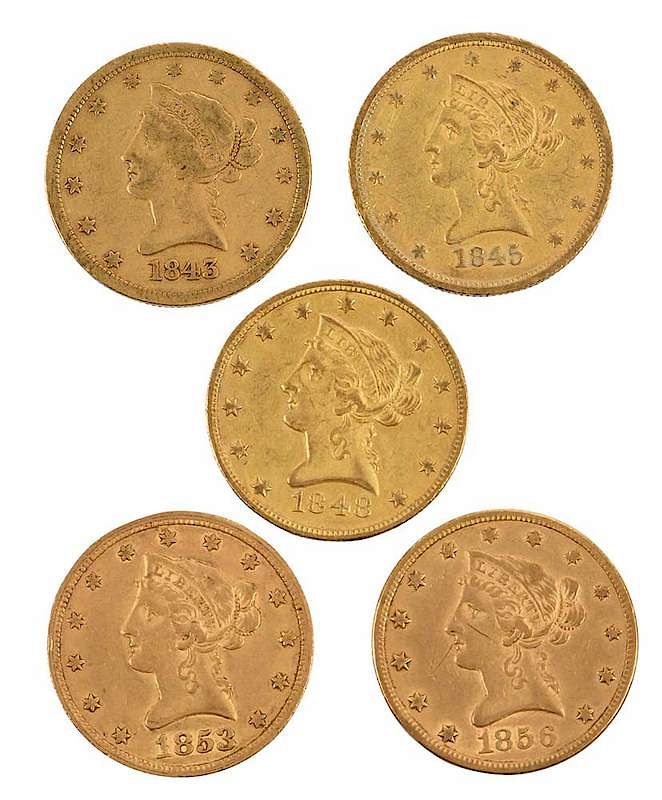 Appraisal: Group of Five Ten Dollar Gold Coins dates include -O