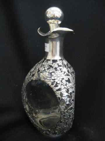 Appraisal: Oriental Sterling Silver Overlay Decanter signed flowering vine bird decor