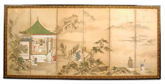 Appraisal: ANTIQUE JAPANESE SCREEN Antique six-panel Japanese screen with ink and