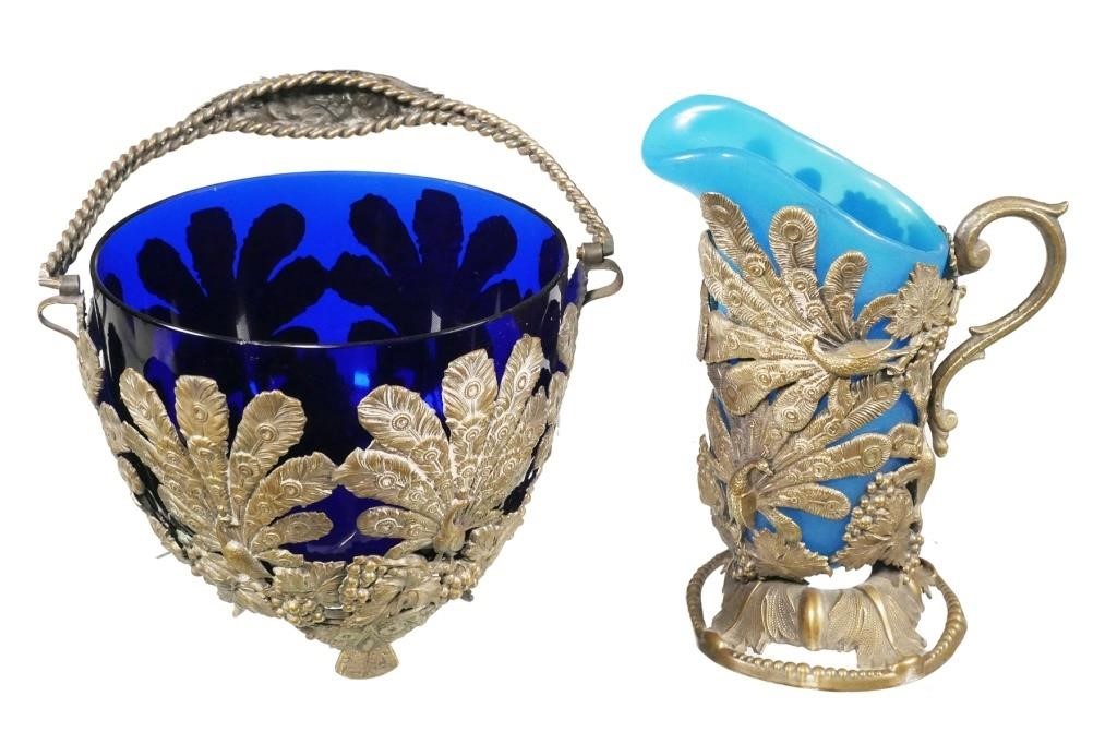 Appraisal: Continental gilt brass and glass peacock dishes including a creamer