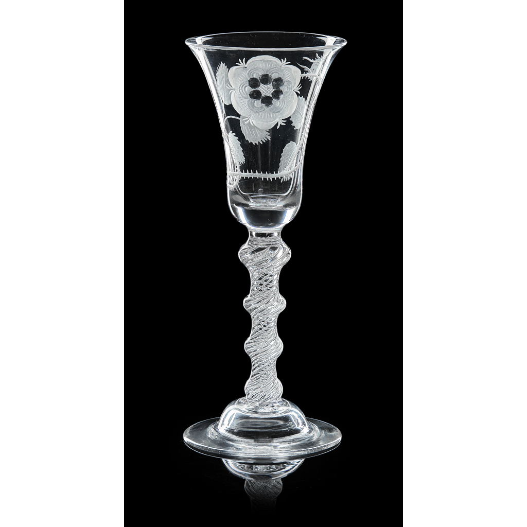 Appraisal: A JACOBITE ENGRAVED WINE GLASS TH CENTURY the trumpet bowl