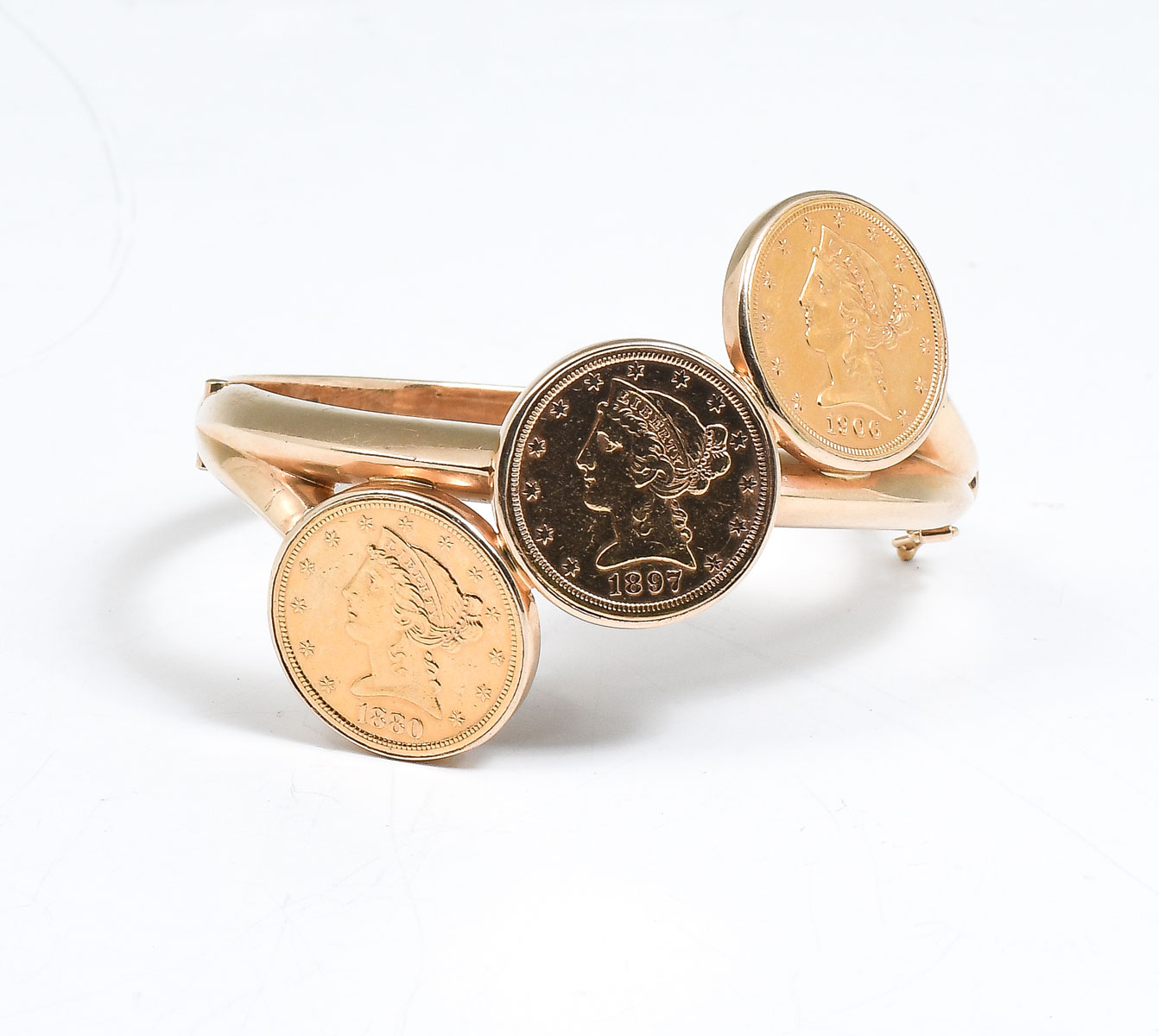 Appraisal: K HINGED BRACELET WITH US LIBERTY COINS US Gold Standing