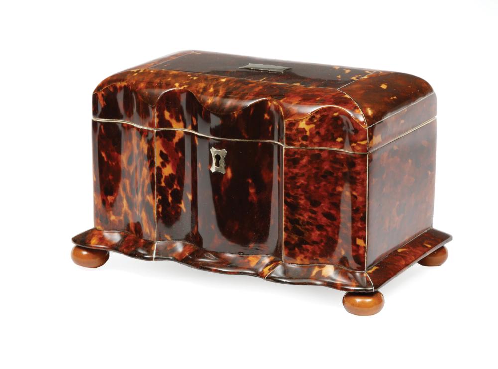 Appraisal: George III Tortoiseshell Tea Caddy th c serpentine front interior