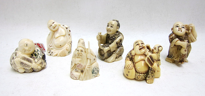 Appraisal: CHINESE JAPANESE NETSUKE six pieces featuring ivory and ivory-like standing