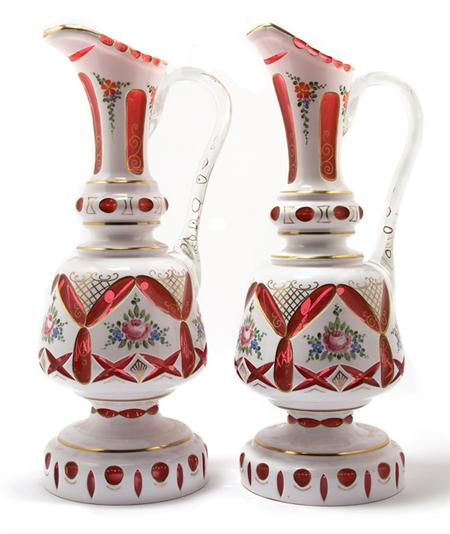 Appraisal: Pair of Bohemian Style White Overlaid Cut Glass Vases Estimate