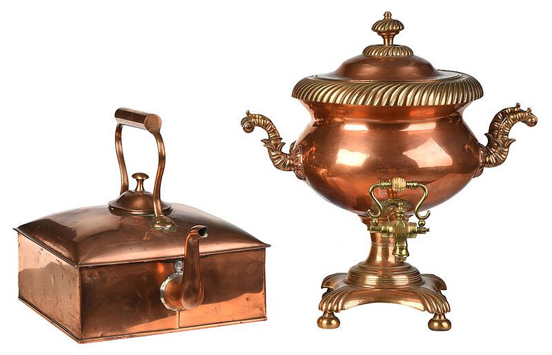 Appraisal: Square Copper Kettle and Copper Hot Water Urn probably British