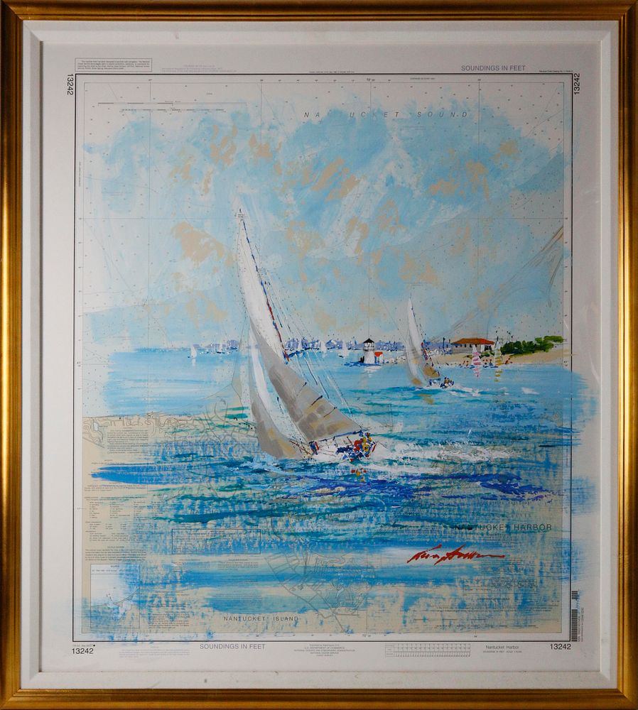 Appraisal: Kerry Hallam Acrylic on Chart Sailing Round Brant Point Kerry