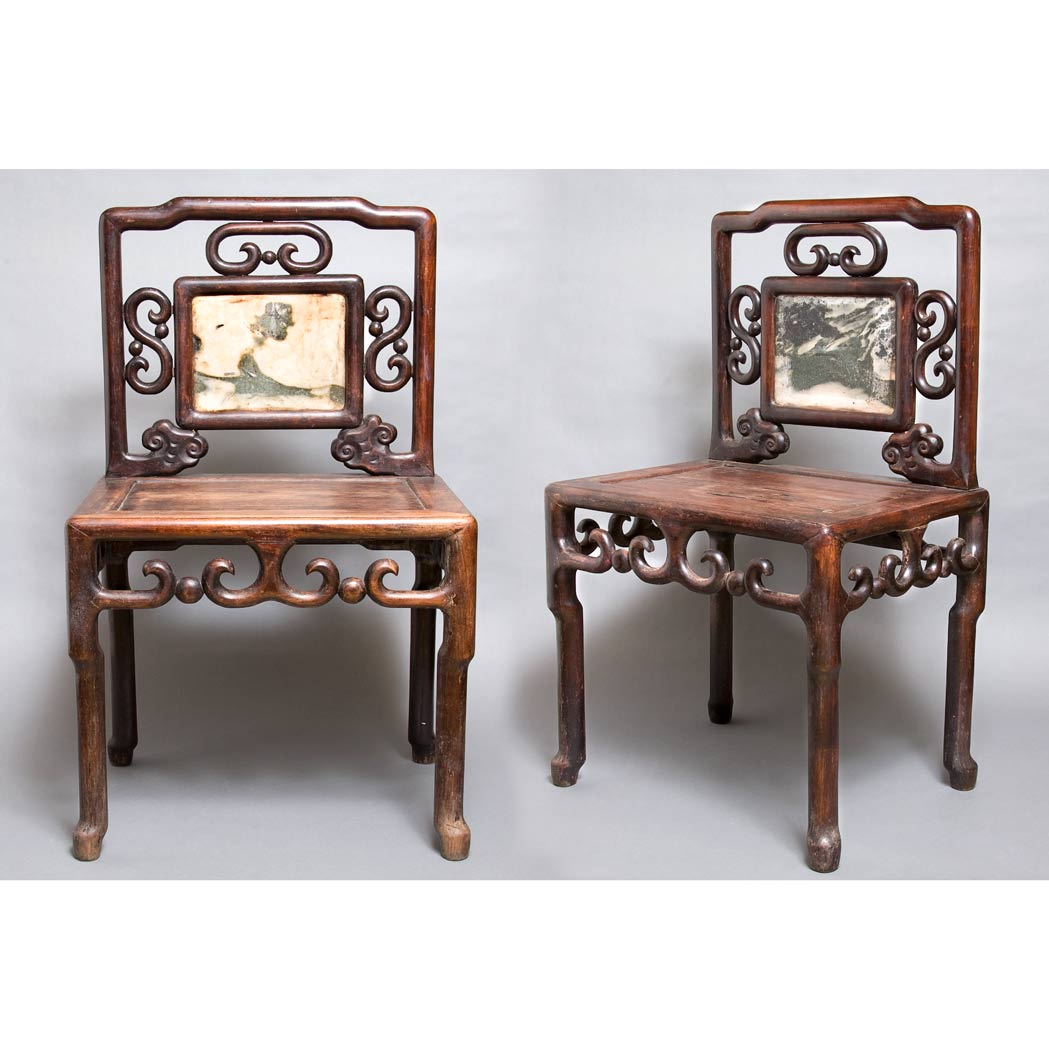 Appraisal: Pair of Chinese Marble Inlaid Hardwood Chairs th Century Each