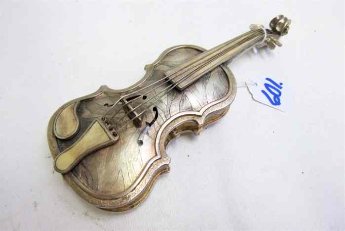 Appraisal: RUSSIAN SILVER-PLATED VIOLIN-SHAPED TABLE WATCH CASE with keywind watch The