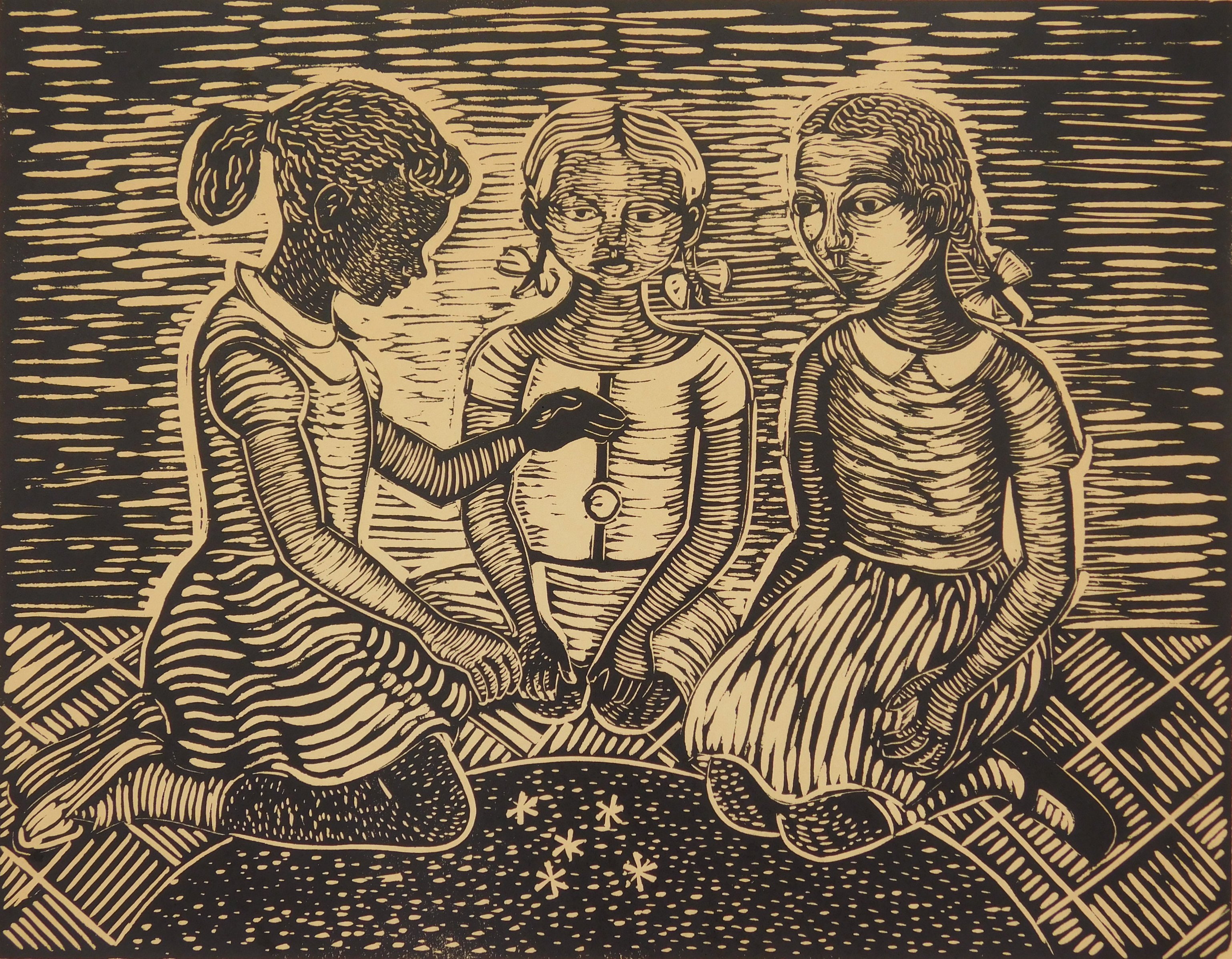 Appraisal: Margaret Burroughs - Playing Jacks''- linocut early proof date and