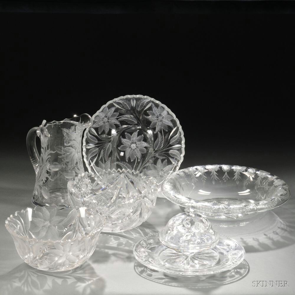 Appraisal: Six Pieces of American Colorless Cut and Engraved Glass early