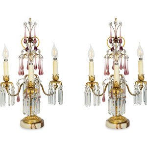 Appraisal: A Pair of Italian Gilt Bronze and Glass Three-Light Candelabra