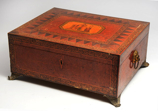 Appraisal: A REGENCY BURR WALNUT PARQUETRY AND PENWORK BANDED WORKBOX with