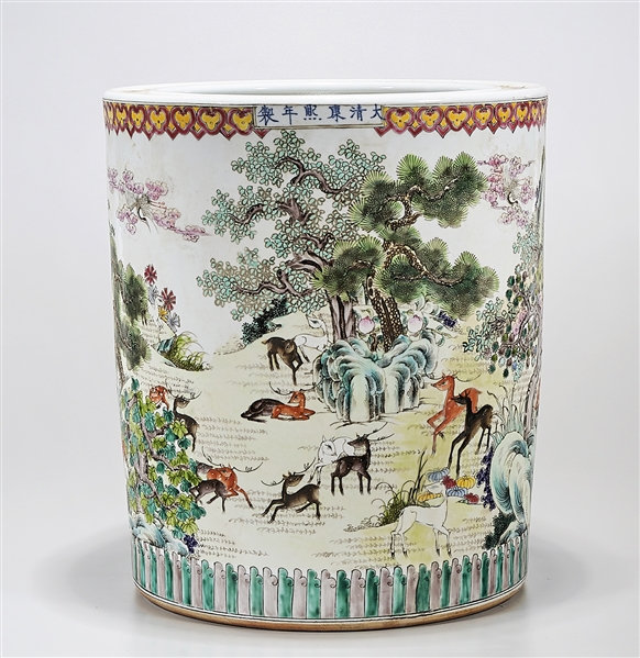 Appraisal: Large Chinese enameled porcelain brush pot depicting animals in a