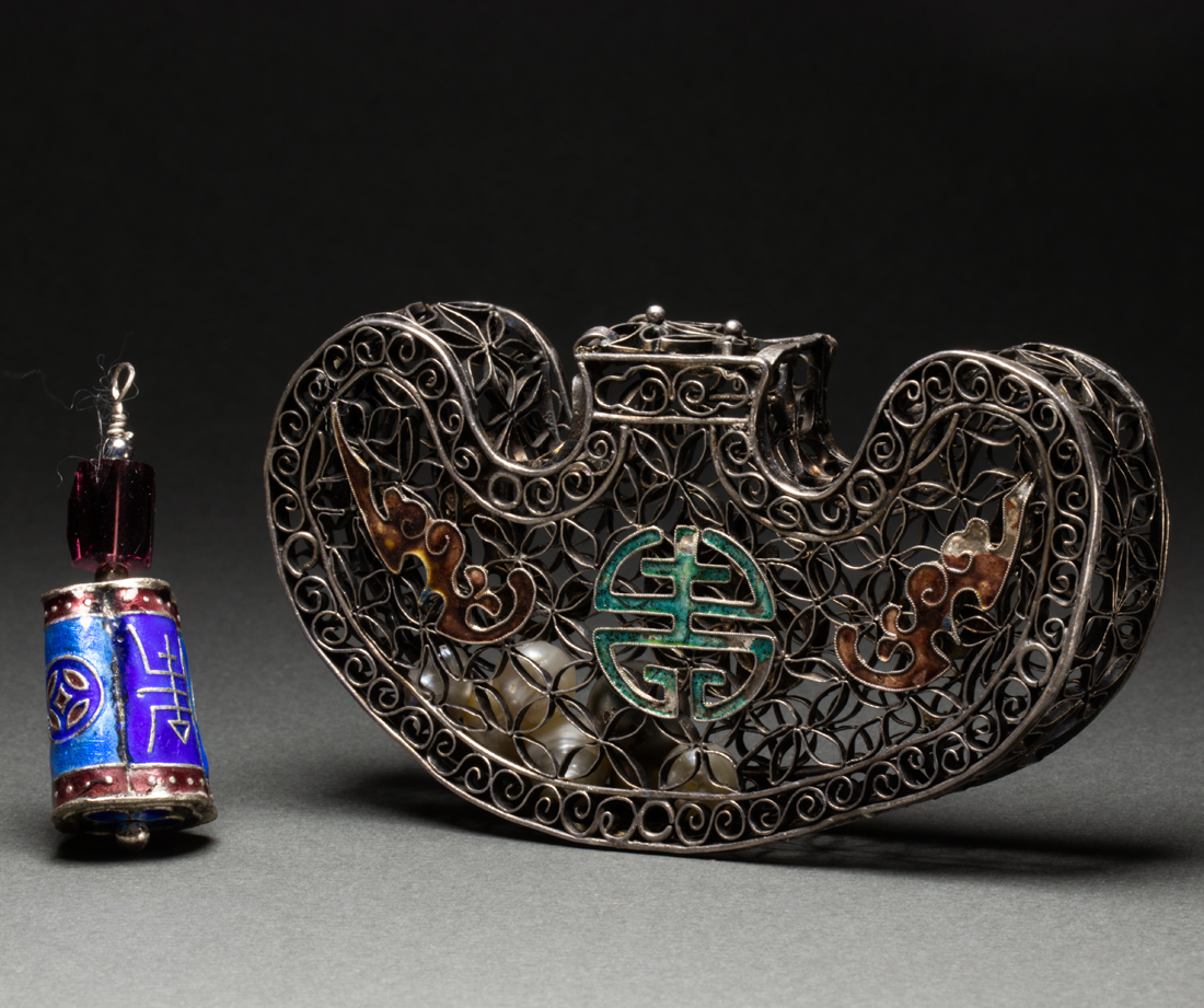 Appraisal: Chinese enamelled silver filigree pouch in the form of ruyi