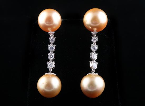 Appraisal: PAIR PLATINUM DIAMOND AND GOLDEN SOUTH SEA PEARL DROP EARRINGS