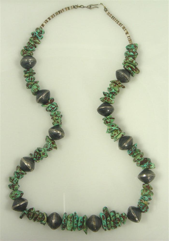 Appraisal: Unusual beaded silver turquoise necklace beads made of convex silver