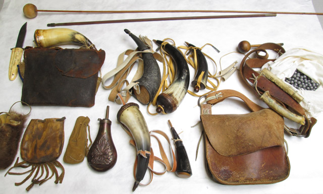 Appraisal: BLACK POWDER SHOOTING SUPPLIES six powder horns two possibles bags