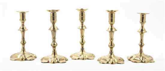 Appraisal: An Assembled Set of Five Brass Candlesticks each of baluster