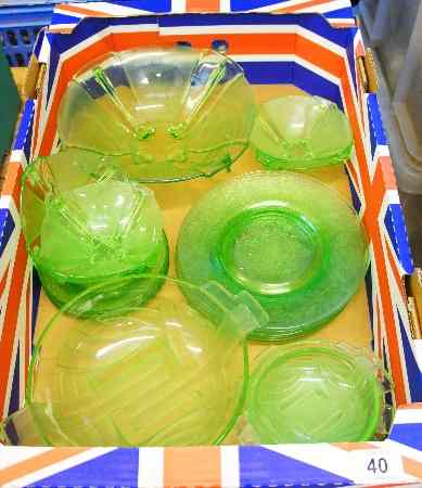 Appraisal: Art deco green pressed glass dinner set comprising plates bowls