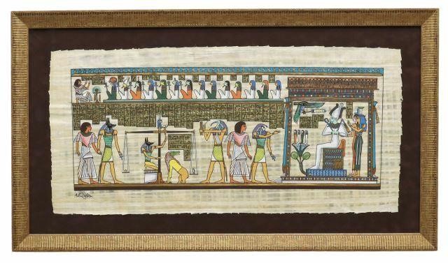 Appraisal: Framed Egyptian style painted papyrus art depicting The Final Judgement