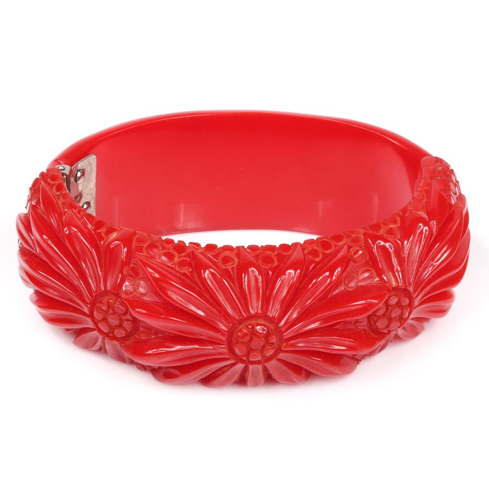 Appraisal: VINTAGE DEEP CARVED RED BAKELITE CLAMPER CUFF BRACELET WITH THREE