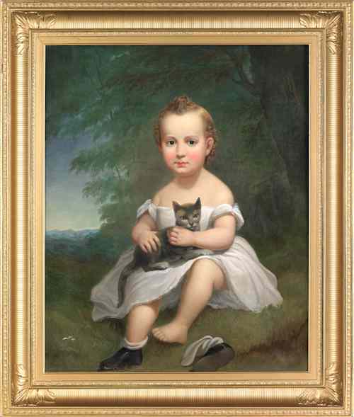 Appraisal: Oil on canvas portrait of a young girl holding a