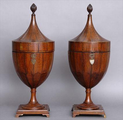 Appraisal: PAIR OF GEORGE III INLAID SATINWOOD DECANTER URNS Each ovoid