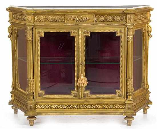 Appraisal: French Empire style giltwood and marbletop curio cabinet early th