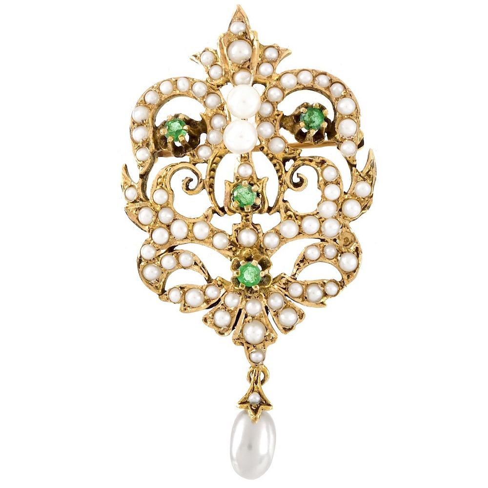 Appraisal: Vintage K Gold Pearl and Emerald Brooch Vintage Karat Yellow