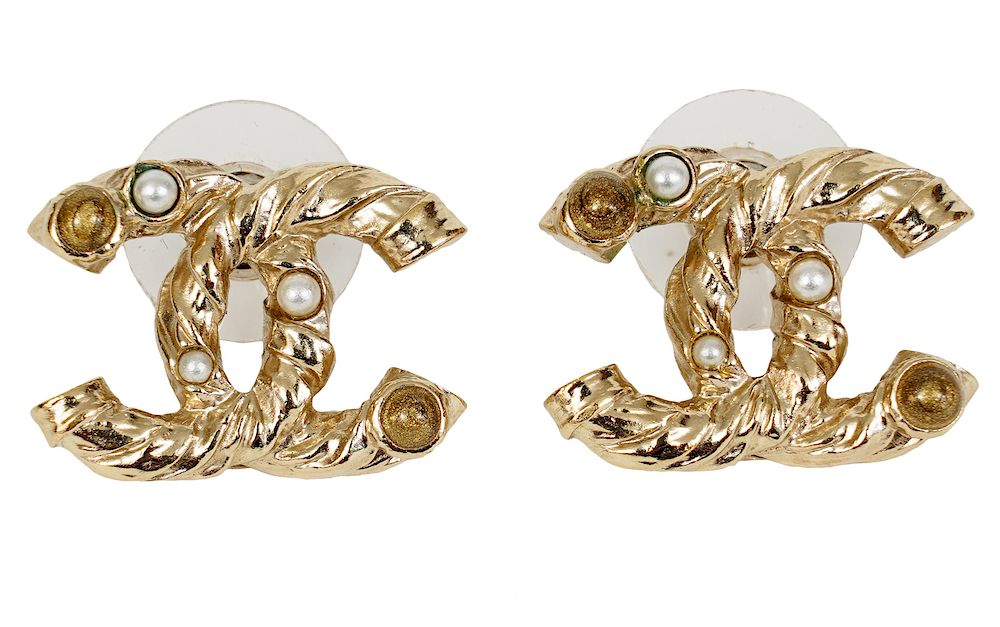 Appraisal: Chanel Gold Tone CC Pearl Post Earrings Beautiful Chanel light