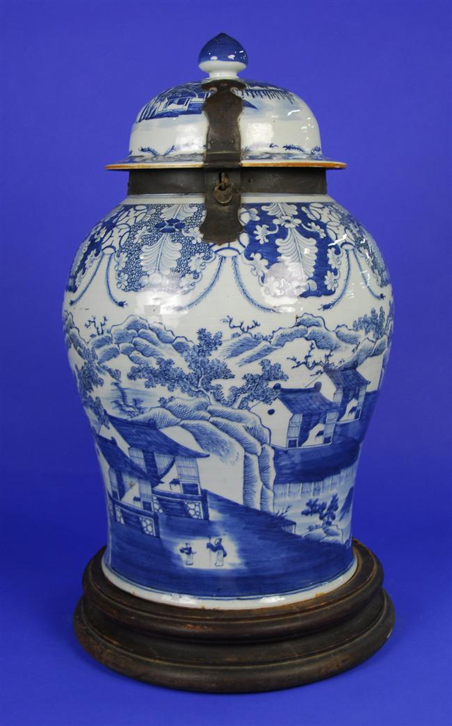 Appraisal: CHINESE BLUE AND WHITE COVERED JAR th century with later