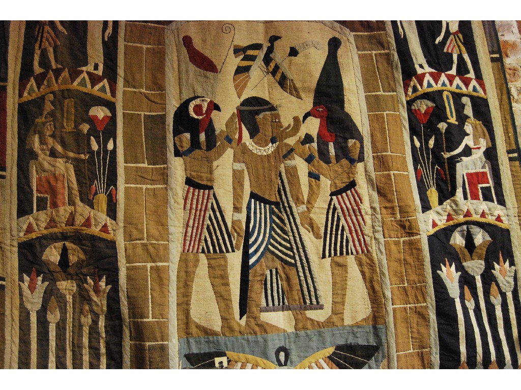 Appraisal: Pair of embroidered wall hangings bedspreads decorated with ancient Egyptian