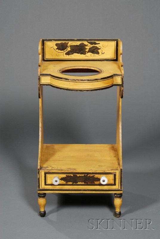 Appraisal: American Classical Stencil Decorated and Yellow Painted Washstand c three-quarter