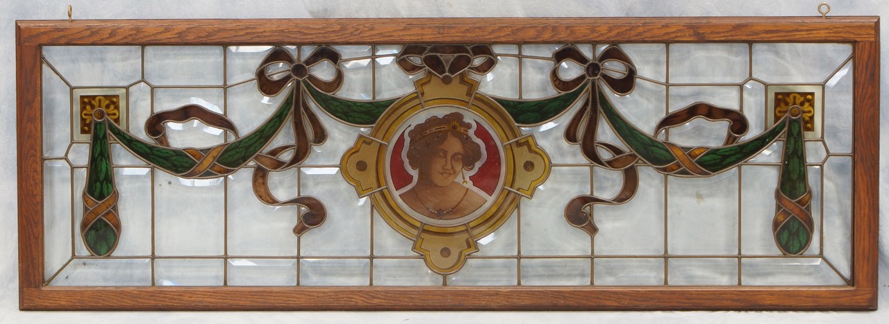 Appraisal: Stained and beveled glass window with HP drapery and portrait