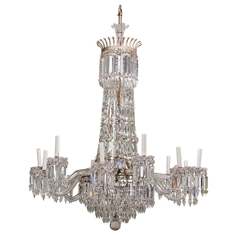 Appraisal: ENGLISH CUT GLASS CHANDELIER Twelve light with hanging prisms late