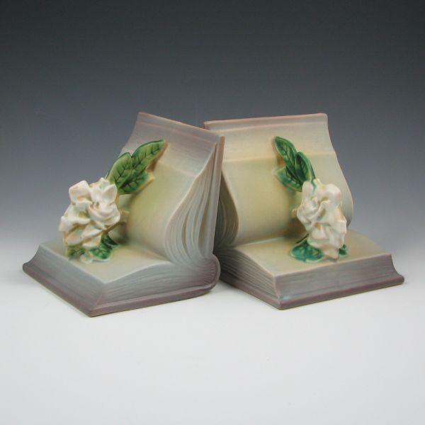 Appraisal: Pair of Roseville Gardenia bookends in gray and purple Marked