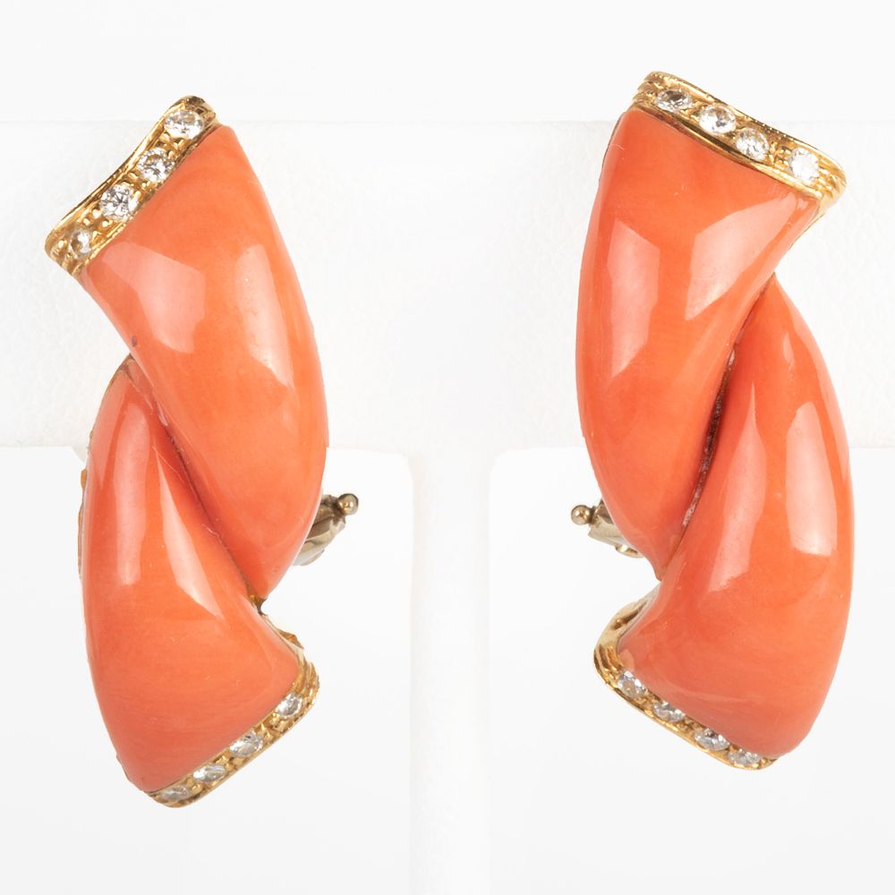 Appraisal: Pair of k Gold Coral and Diamond Earclips Pair of