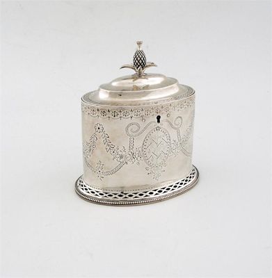 Appraisal: A George III engraved oval tea caddy on a pierced