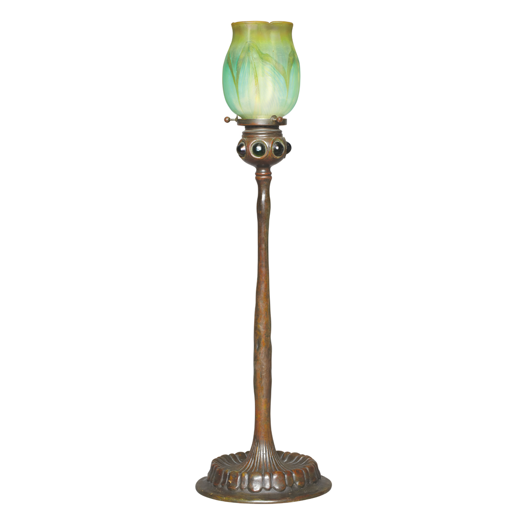 Appraisal: Tiffany Studios Bronze and Favrile Glass Candlestick Lamp First quarter