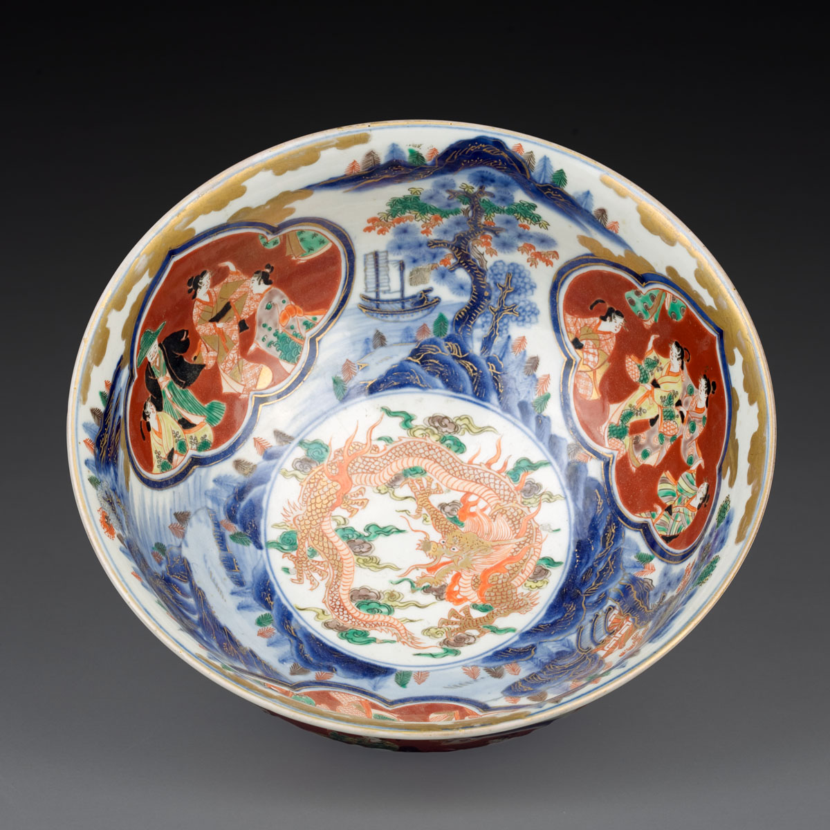 Appraisal: JAPANESE IMARI TWELVE-INCH PUNCH BOWL WITH SHIP DECORATION