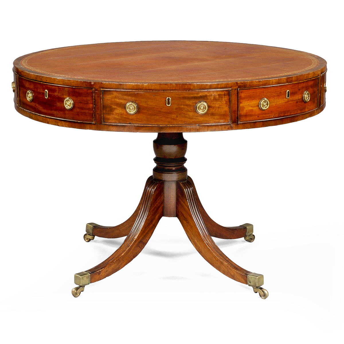 Appraisal: REGENCY MAHOGANY CENTER TABLE WITH TOOLED LEATHER TOP The circular