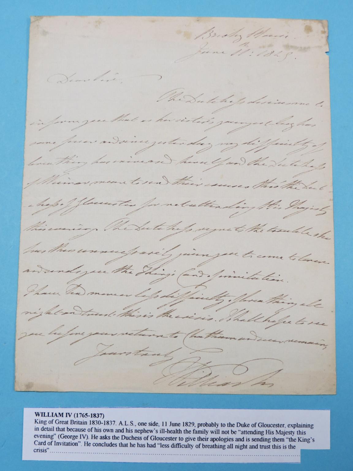 Appraisal: King William IV - hand-written letter