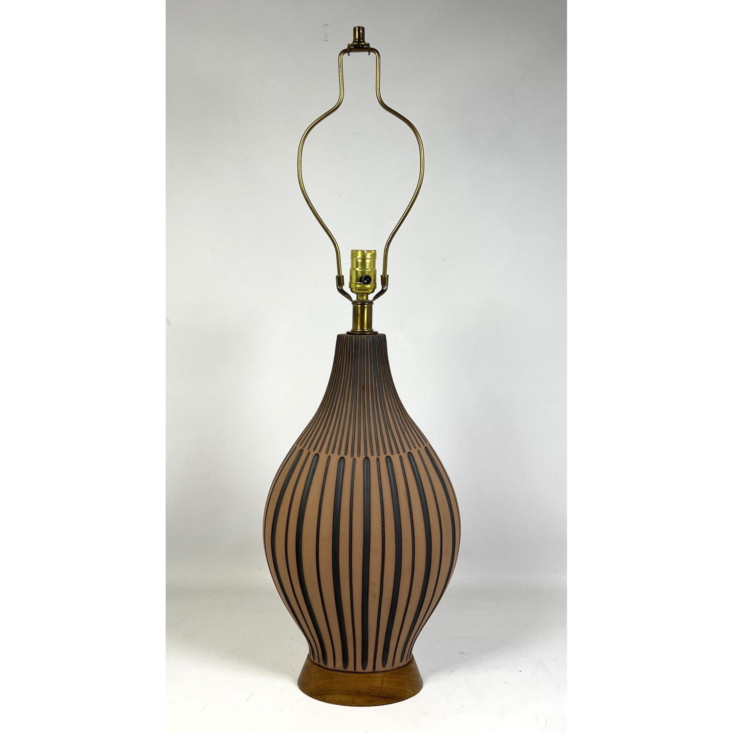 Appraisal: Brown and Black Bulbous Striped Pottery lamp Scandinavia or Italian